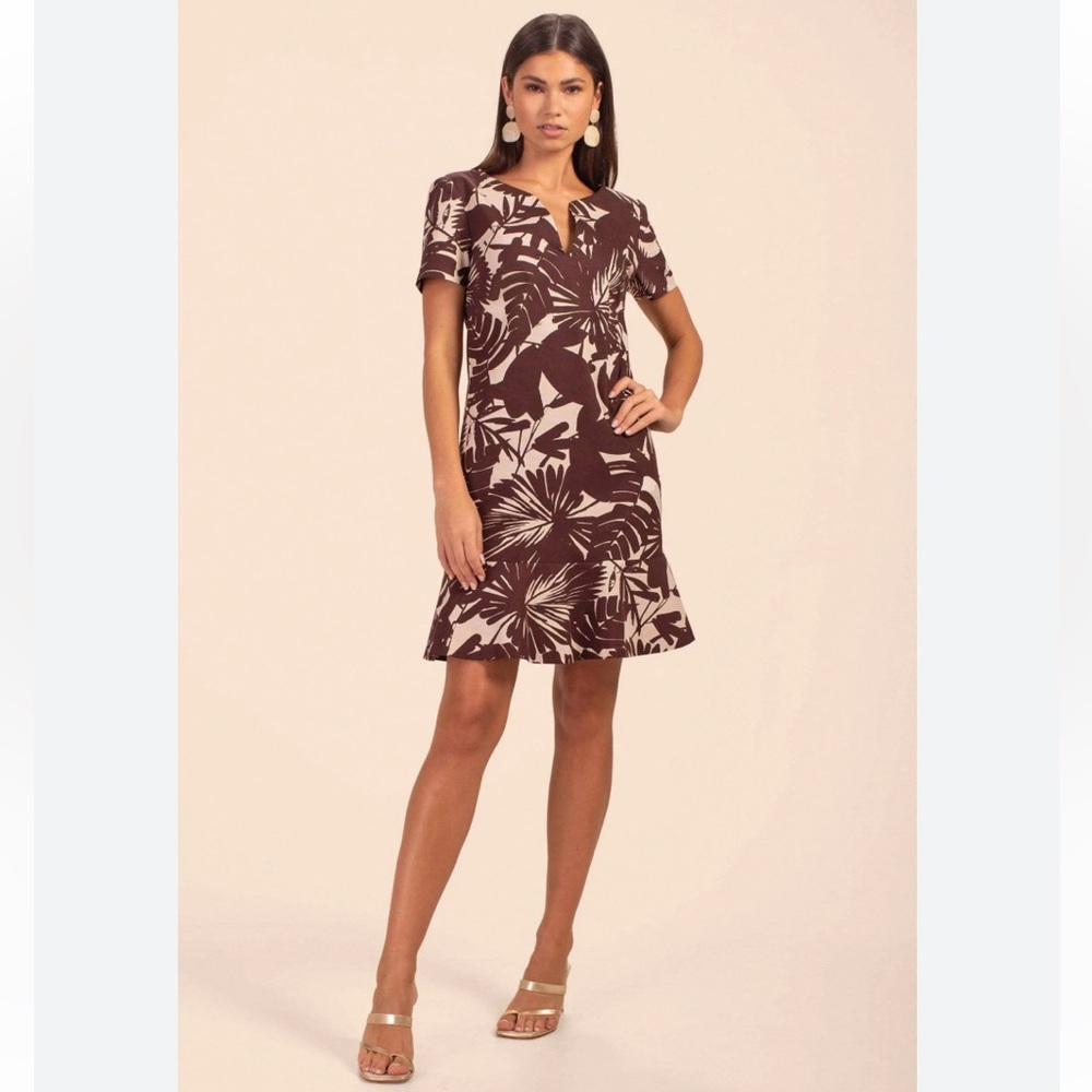 Trina Turk Shift Dress Brown & Cream Tropical Print Ruffle Hem Dress Size 6